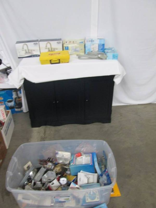 Tote of Bathroom Faucets, Tool Belt, Bathroom Items and More