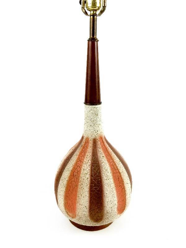 Teak Wood Lamp  wOrange and Chocolate Striped Base - ca. 1960