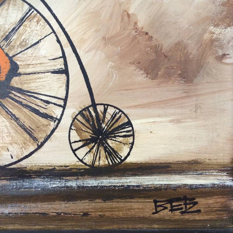 Framed Original Signed  Oil on Canvas  of Man on High-Wheeler Bicycle - 13 12 Square