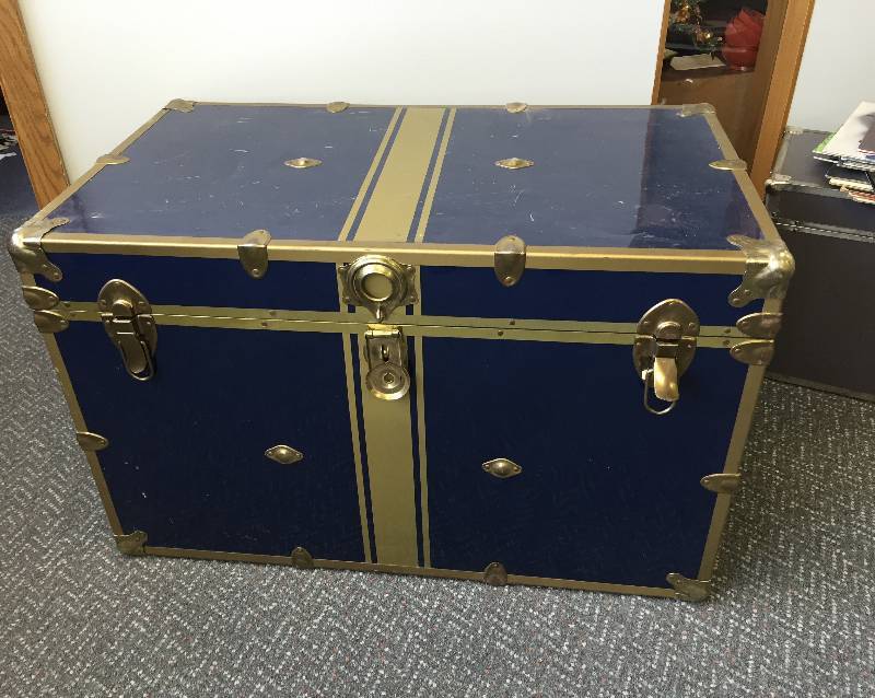 Blue Metal Trunk With Brass Finished Strapping & Lock -  Stands  22 Tall & 36 L X 21D