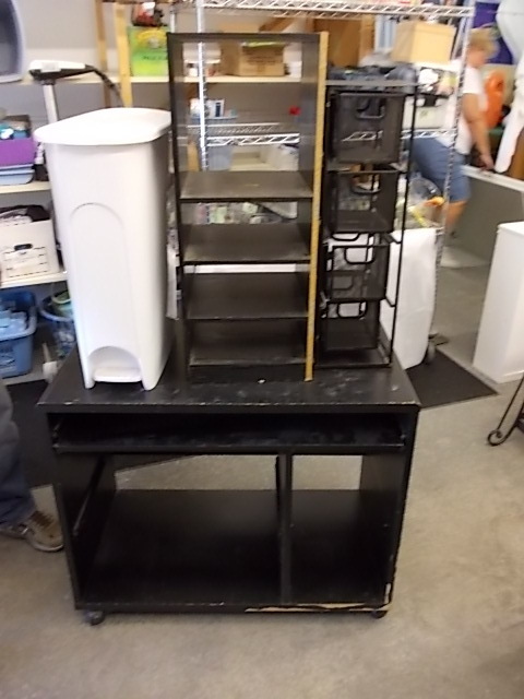 Black Work Station On Wheels, Black Shelf, Trash Can, Organizer, White Board With Markers