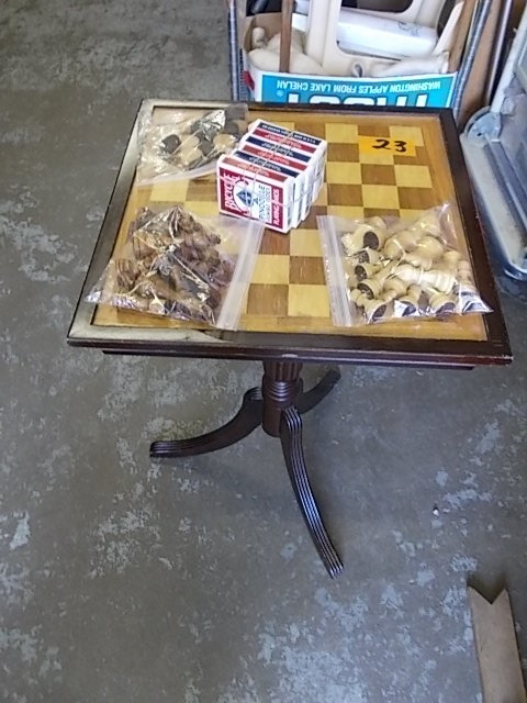 3-Leg Game Table With Chess Pieces & Checkers, Decks Of Cards