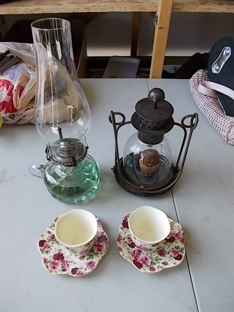 Oil Lamp, Candle Holder, Floral Tea Cups With Saucers
