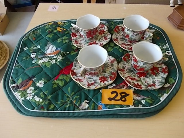 4-Holiday Tea Cups With Saucers, 4-Placemats