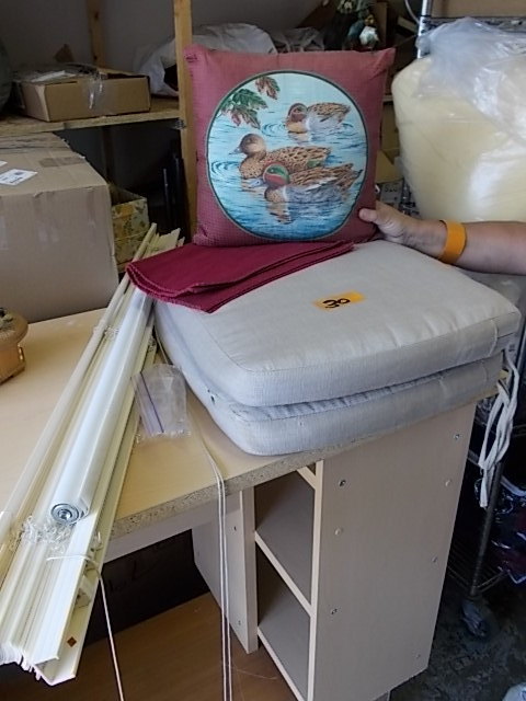 2-Beige Chair Pads, 2-Placemats, Duck Pillow, 27 Shade & 45 Blind (Both With Hardware)
