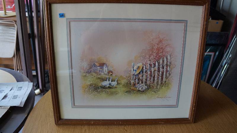 lot 68 image: Large Ducks w Fence & Farmhouse Framed Print