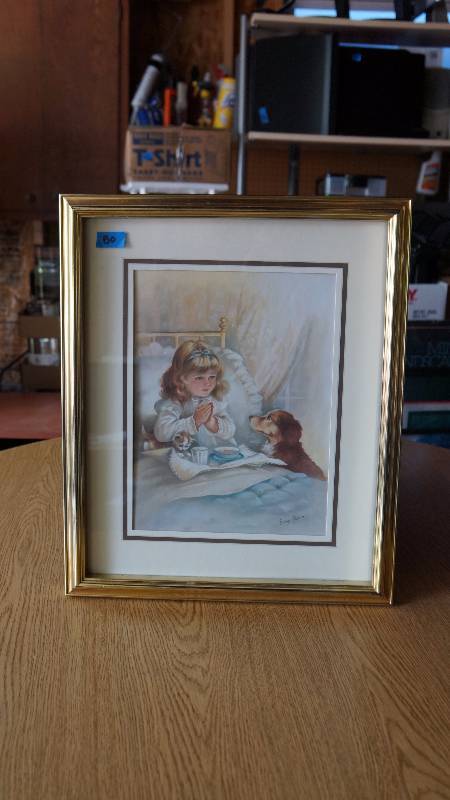 lot 80 image: Girl Praying with Kitten & Dog Framed Print