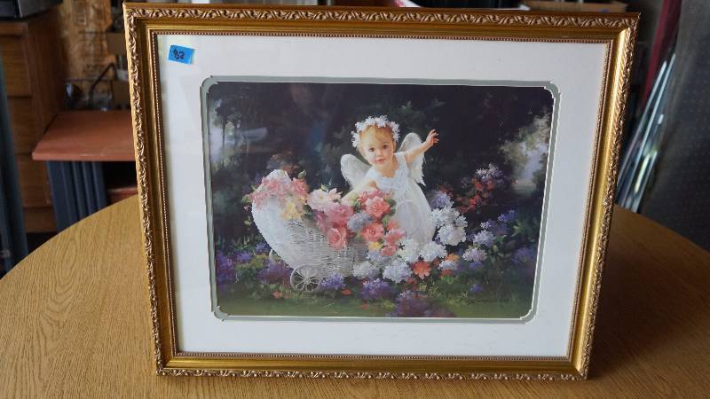 lot 82 image: Home & Garden Party Child with Flowers & Wicker Carriage Framed Print