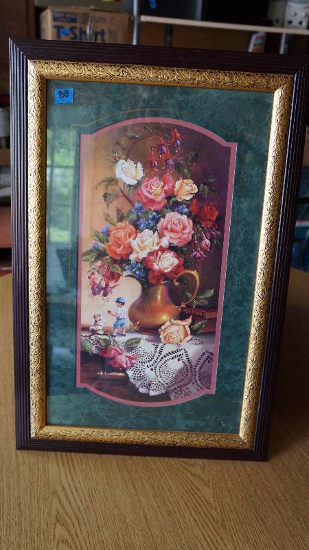lot 88 image: Home Interiors Floral Arrangement with Boy & Dog Framed Print