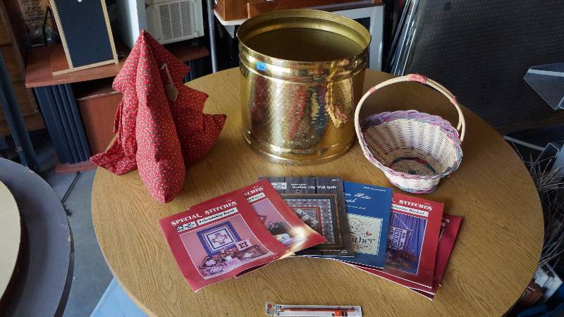 lot 126 image: Round Metal Bin with Craft Items