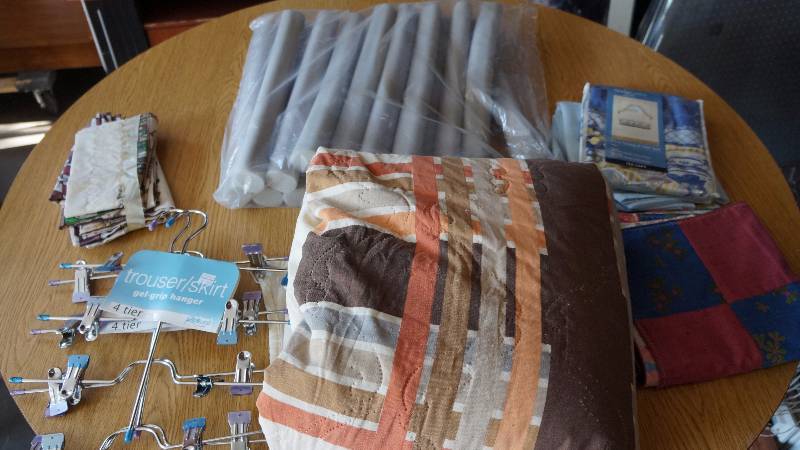 lot 165 image: Vintage Bedspread, Lap Quilt, Curtains, Hangers & Padded Hangers