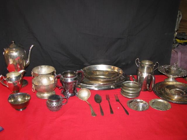 Large lot of metal serving ware