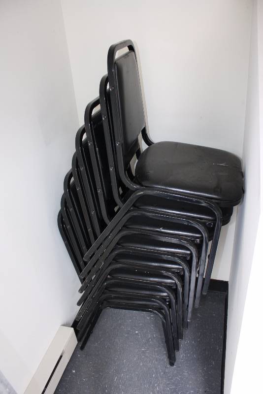 lot 41 image: Lot of (8) Black Vinyl Chairs wMetal Frames 18 x 18 x 52.