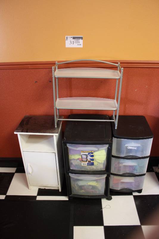 lot 31 image: Lot of (4) Including Organizational Bins (2) Organizational Shelf Shelving Unit 12 x 15 x 27 15 x 15 x 27 13 x 15 x 27 21 x 8 x 20.