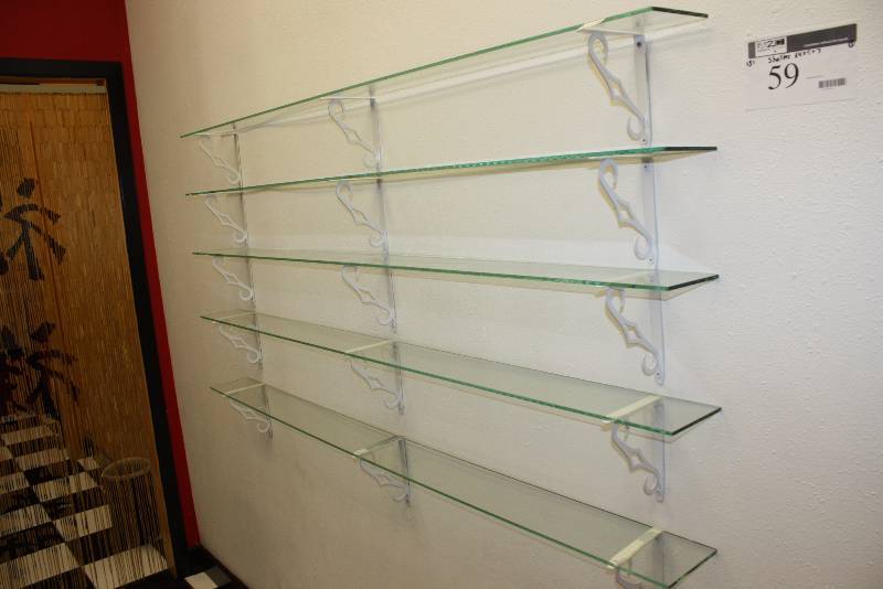 lot 59 image: Lot of (5) Glass Shelves wMetal Wall Mounts 64 x 5 x 7.