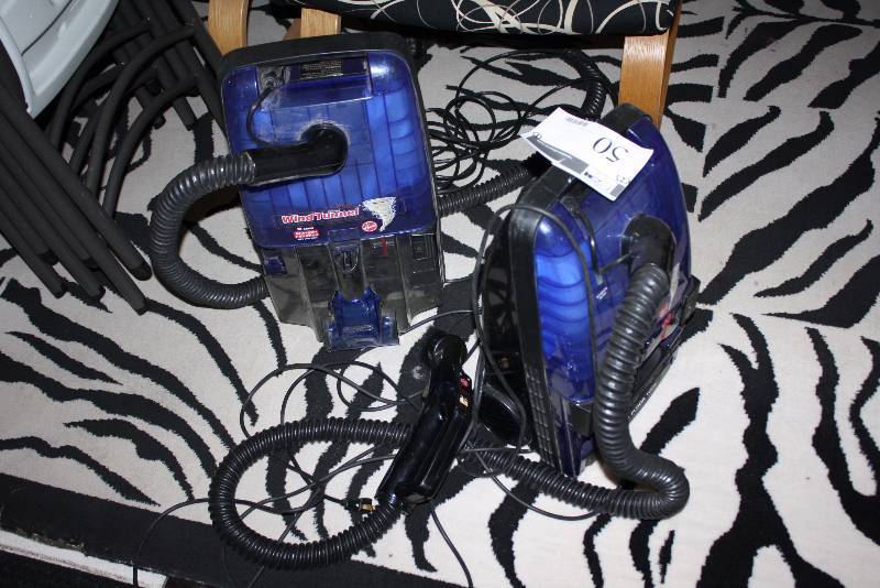lot 50 image: Lot of (2) Hoover Wind Tunnel Vacuum Cleaner wCords & Attachments Model S3639 Cleaner 120V60Hz12A.