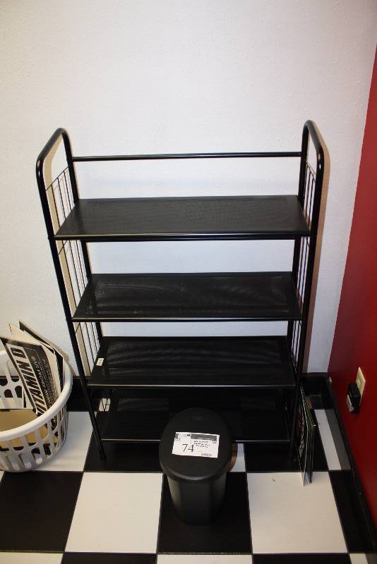 lot 74 image: Lot of (2) Including Shelving Unit, Black, 4 Shelves, 30 x 11 x 47 Trash Can 9 x 10 x 13.