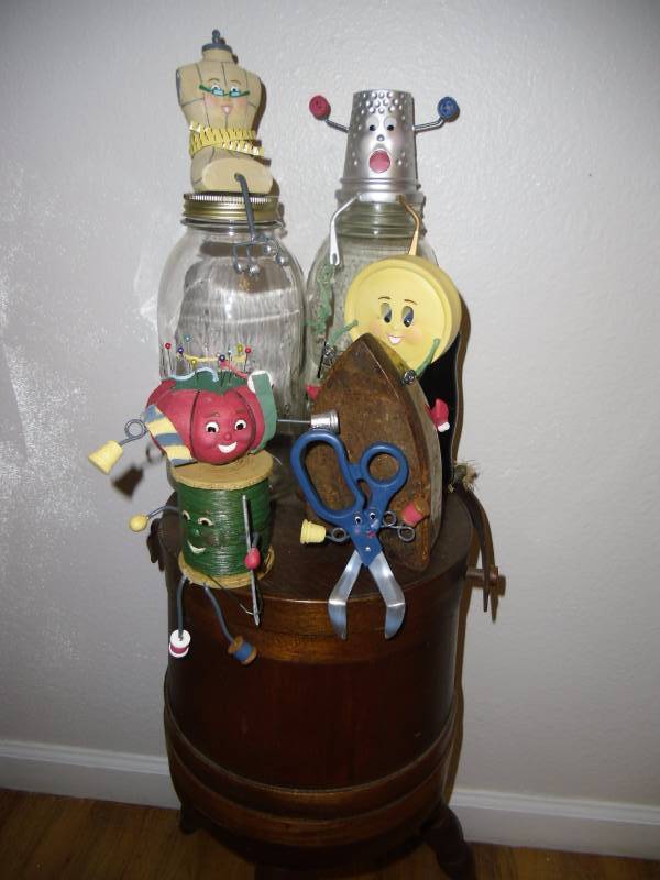 lot 2 image: Old & New  Sewing Bucket & Critters   Atlas Mason Jars  Electric Iron