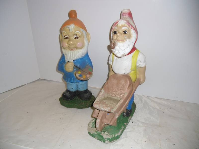 lot 12 image: Garden Gnomes 2 Classic Vintage Heavyweight Cement Yard Gnomes