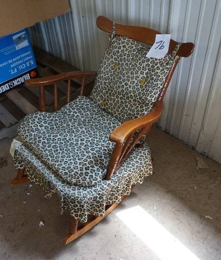 lot 76 image: Wood Rocking Chair With Leopard Themed Cushions