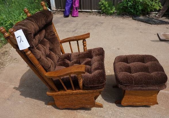 lot 78 image: Wood Padded Rocking ChairGlider With Matching Ottoman
