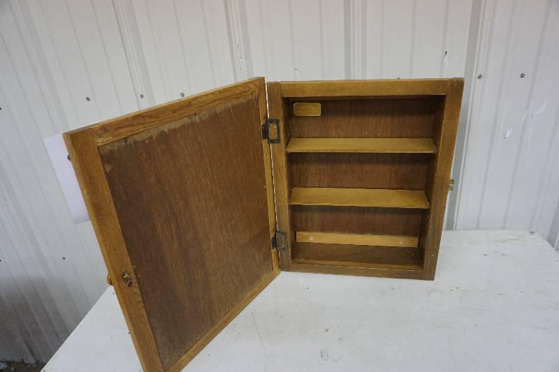 lot 87 image: Wood Mirrored Wall Mount MedicineStorage Cabinet