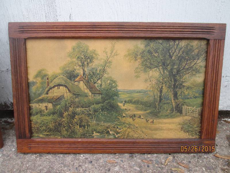 lot 9 image: Vintage farm scene framed in oak co...