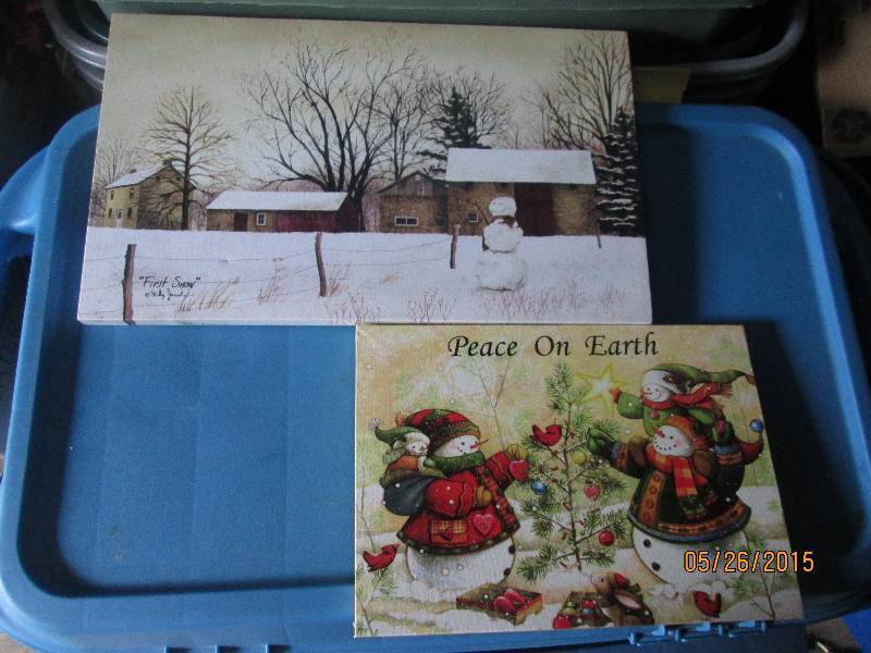 lot 25 image: Pair of snowman winter scenes on ca...