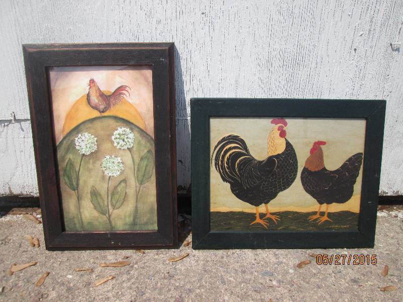 lot 28 image: Pair of rooster and hen prints in m...