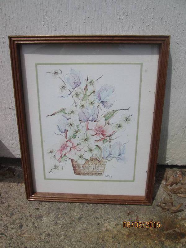 lot 104 image: Framed wooden basket print by Casey...