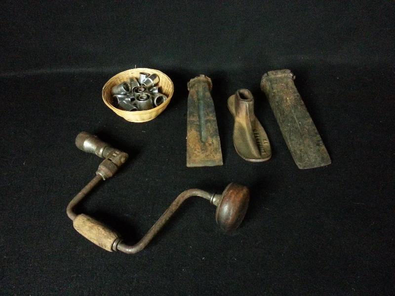 Antique Hand Drill, Cobblers Shoe Form, Etc