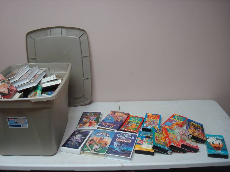 lot 92 image: Bin Filled With VHS Kids Cassettes, Lots Of Disney Winnie The Pooh