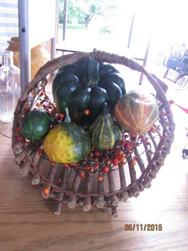 Round basket with gourds and berrie...