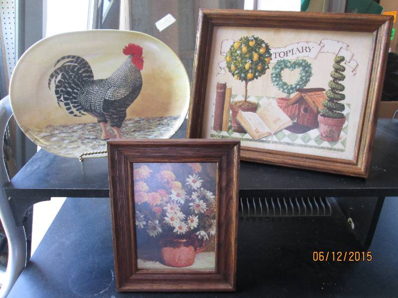 Lot of framed art and rooster platt...
