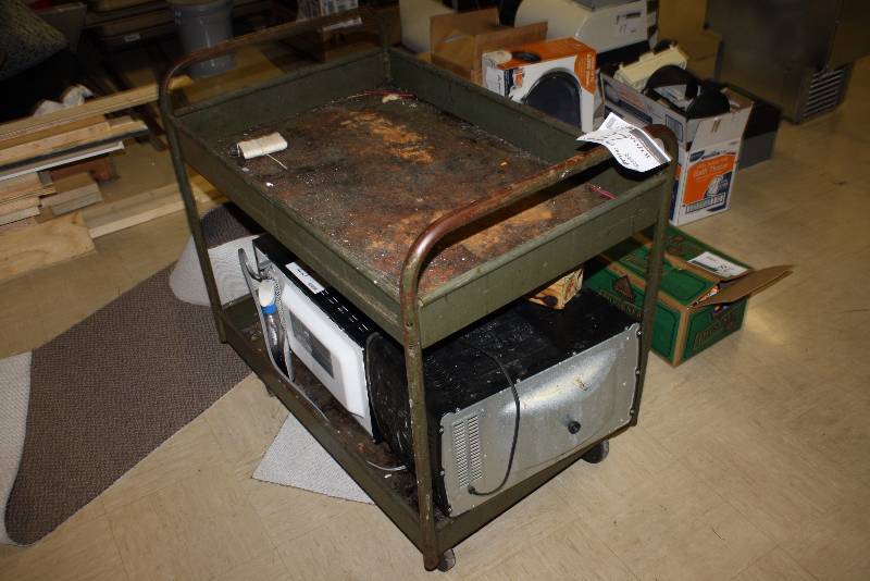 lot 27 image: Metal Cart w2 Shelves & Wheels Push Handles 24 x 36 x 35 Contents Not Included.