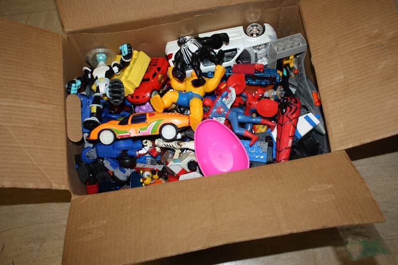 lot 28 image: Toy Box Lot Including Spiderman Toys Toy Car Action Figures And More.