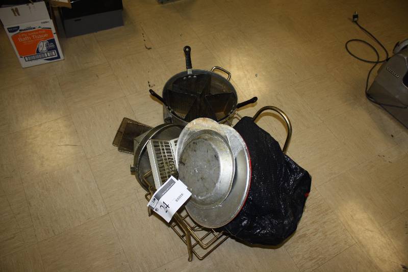 lot 24 image: Lot of (9) Including Deep Fryer Nets (2) Funnel Metal Pans Drying Rack And More.