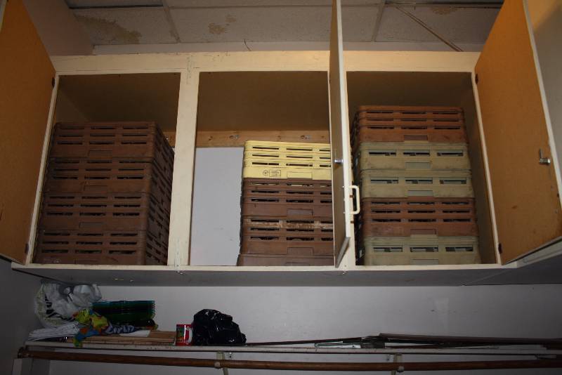 lot 42 image: Contents of Cabinets (2) Including Plastic Dishwashing Racks.