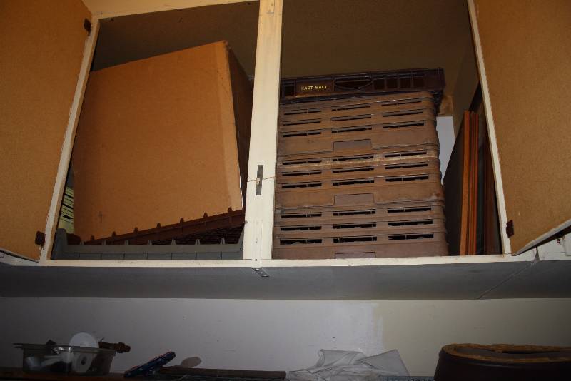lot 41 image: Contents of Cabinets (2) Including Plastic Dishwashing Racks.