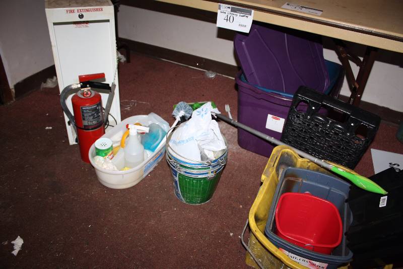 lot 40 image: Floor Lot Including Mop Bucket wMop Totes Pales wHandles Cleaning Supplies And More.