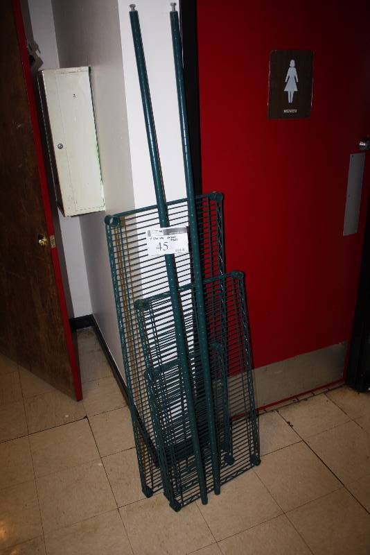 lot 45 image: Lot of (7) Metal Racking Shelves Green Grate Miscellaneous Sizes.
