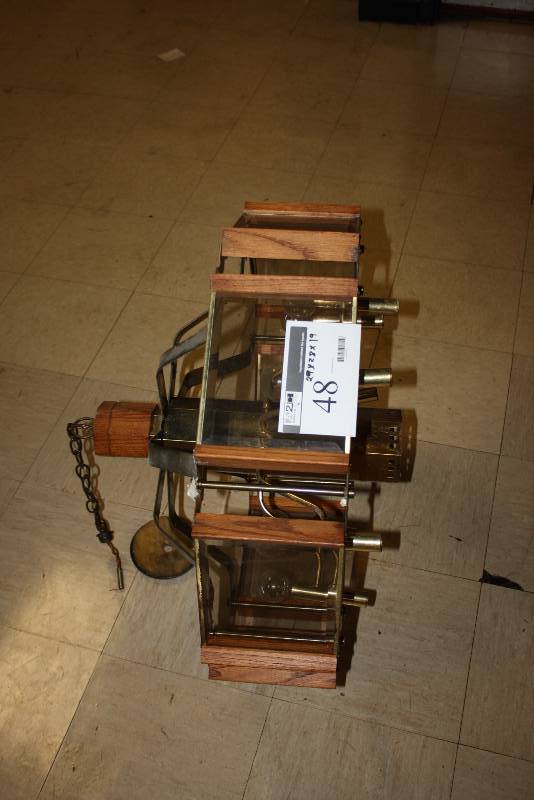 lot 48 image: Ceiling Chandelier-Style Lamp wCord Wood & Metal 29 x 28 x 16.5.