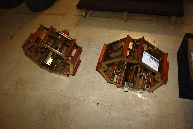 lot 47 image: Lot of (2) Ceiling Chandelier-Style Lamp wCord Wood & Metal Style 22 x 20.5 x 16.5.