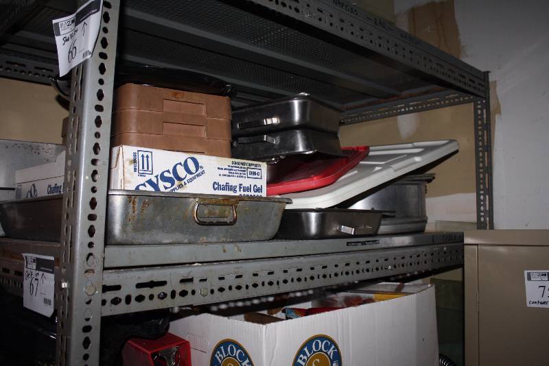 lot 67 image: Shelf Lot Including Sysco Chafing Fuel Gel Plastic Trays Metal Dishes And More.