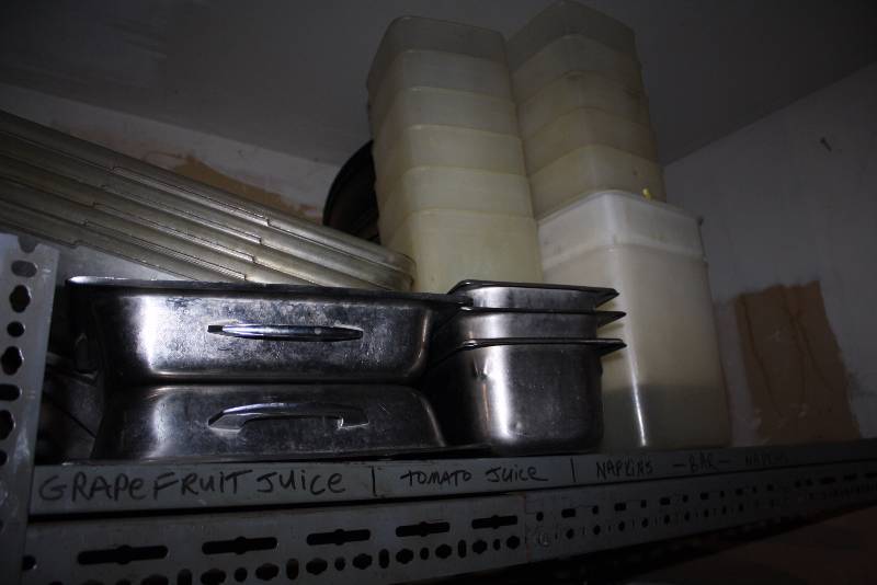 lot 66 image: Shelf Lot Including Plastic Restaurant Bins Stainless Steel Pans Trays And More.