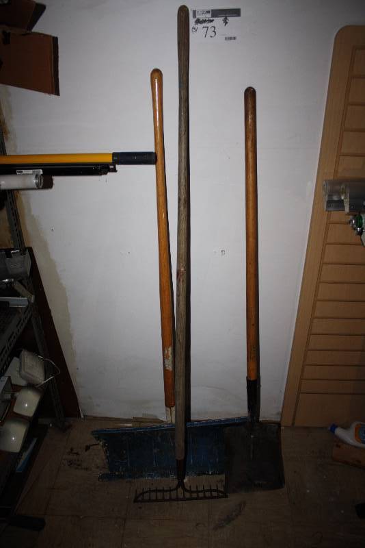 lot 73 image: Lot of (3) includign Metal Rake Metal Flat Shovel Snow Shovel And More.