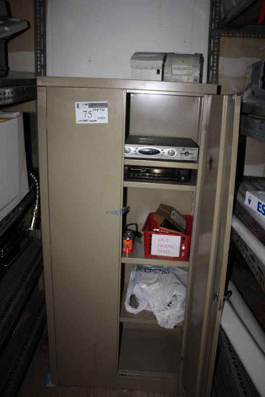 lot 75 image: Metal Cabinet w4 Shelves & Double Doors Contensts Included 16 x 30 x 66.