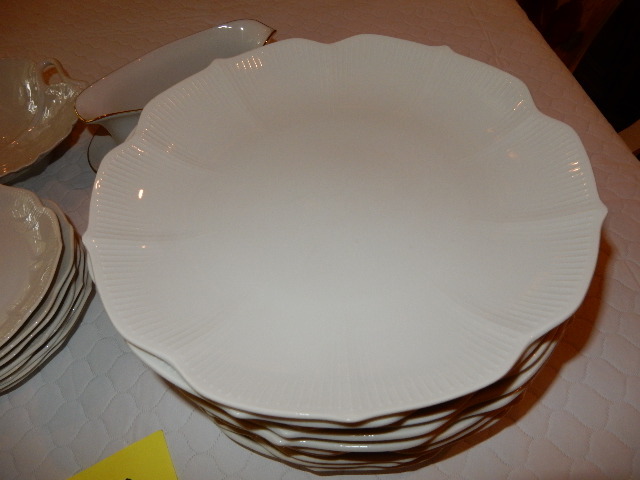 Set of 10 dinner plates, 8 breadsalad plates, Gravy  Boat and plate.. Made in Sri Lanka, 1 Limoge Serving Bowl