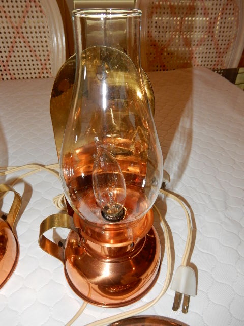 2 Copper Decorative Plates, 2 Hurricane LampCandle lamps. Electric. Both work