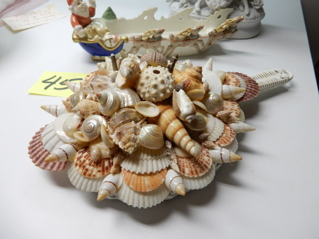 Santa Sleigh dish, unpainted LOVERS statue.  Beautiful Hand made Wicker and SHELL.. Mirror.. Great Dcor for bathroom or other.